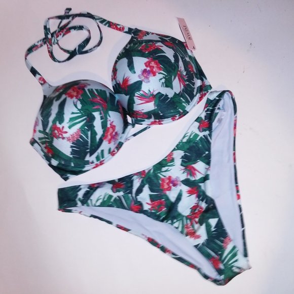 Victoria Secret Swim Bikini 38D Top XL Bottom Blue Green Leaves Bombshell Push U - Picture 4 of 10